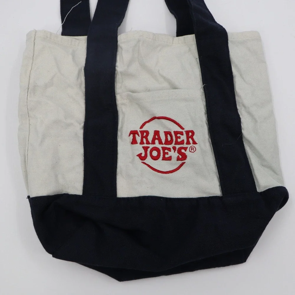Trader Joe's Mini Canvas Tote Bag Small Navy Blue Cream Embroidered Reusable EUC
